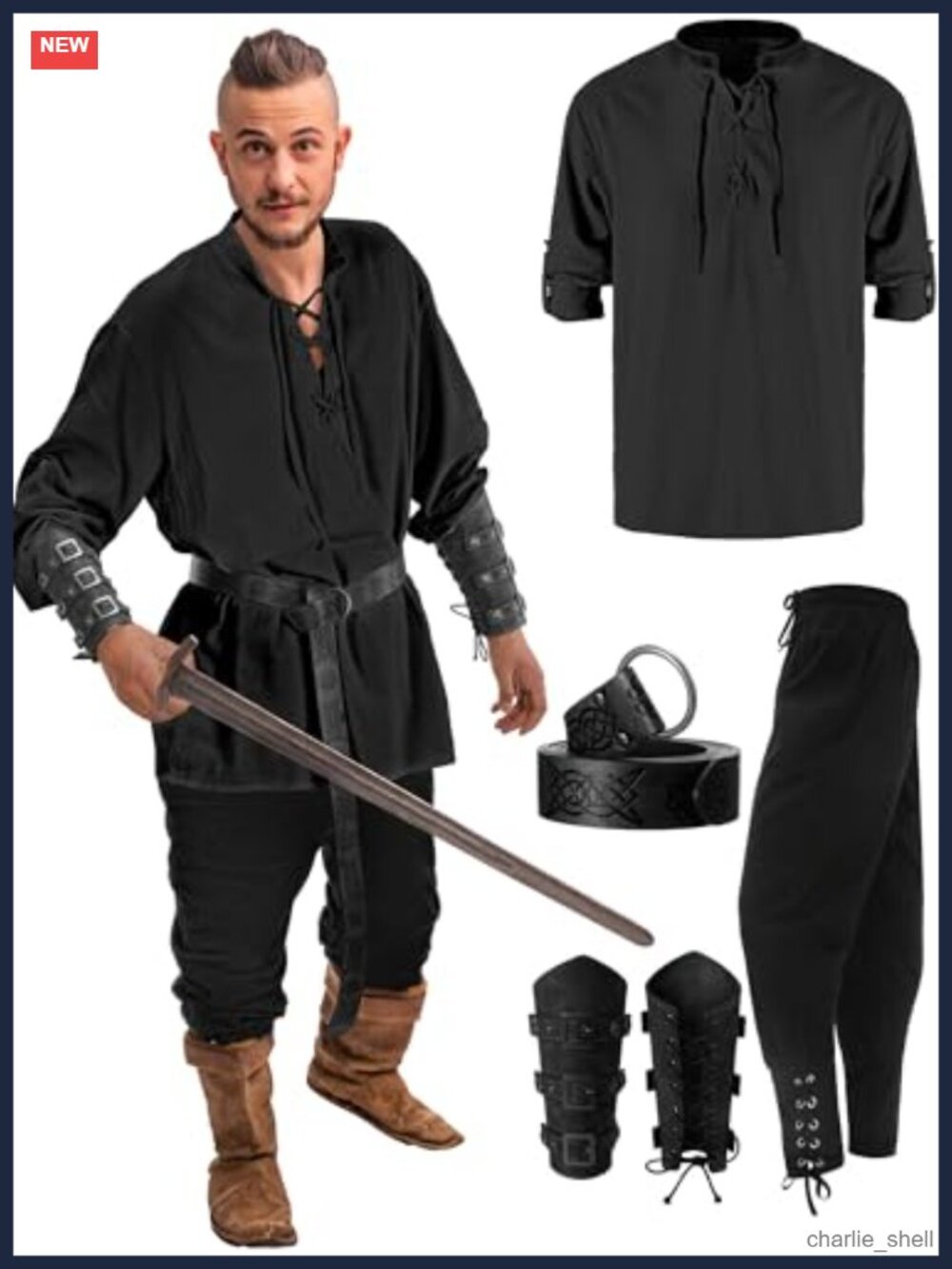 Men's Renaissance Costume 4 Pc Medieval Outfit Pirate Viking Shirt Pants Belt